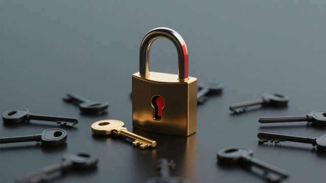 Golden Padlock Surrounded by Metal Keys on Dark Background - Symbolizing Security and Multiple Access Pathways