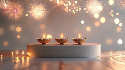 Banner design for diwali festival and podium,Diwali light decoration candle with fireworks,Stage,Product display Showcase design sparkle background,Deepavali,Dipavali,3D podium illustration.