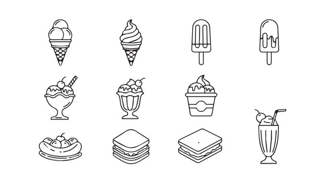 Collection of hand drawn ice cream and dessert silhouettes in a simple line art style