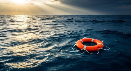 Bright orange lifebuoy floating on deep ocean waves during dramatic sunset