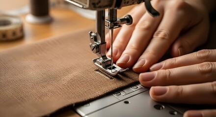 Close-up of seamstress using sewing machine for precision work in tailoring workshop