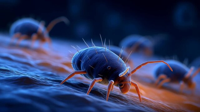Macro Dust Mites Crawling on Fabric Surface