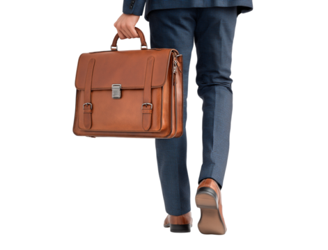 Professional on the Move: Executive Carrying Classic Leather Briefcase isolated on a transparent background