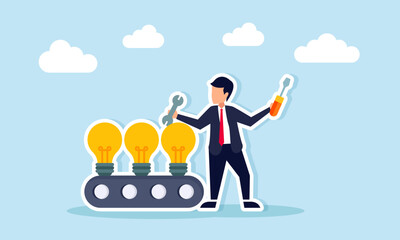 Businessman holding wrench and screwdriver standing near machine with light bulbs illustration of proper implementation of business ideas and innovation