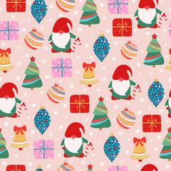 Cute Christmas pattern with gnome, tree, gift and ornament. Holiday illustration for gift wrap, fabric, wallpaper, card or textile.