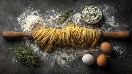 Fresh Homemade Tagliatelle Pasta on a Rolling Pin.