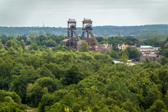 Mine headframes at the ancient coal mine at Terhills (Eisden), now part of the Hoge Kempen National Park, near Maasmechelen, Belgium
