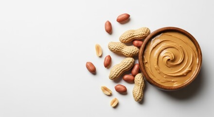 Creamy peanut butter in a bowl with whole peanuts scattered around