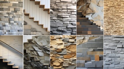 Variety of stone wall textures and stairs designs showcasing architectural elements and modern
