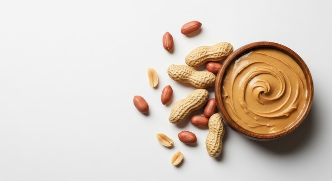 Creamy peanut butter in a bowl with whole peanuts scattered around