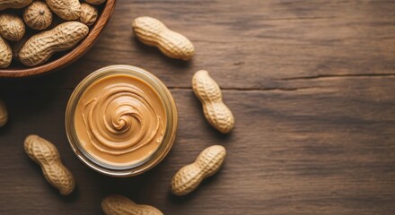 Creamy peanut butter in a bowl with whole peanuts on a wooden table