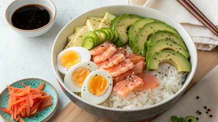Fresh salmon poke bowl with avocado and boiled eggs