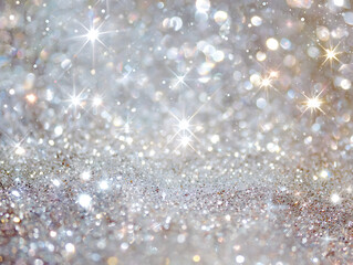 Elegant silver glitter background with white stars, shiny sequins and sparkling bokeh lights creating glamorous gray gradient backdrop for decoration and design concepts.