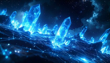 A futuristic and mystical scene featuring towering glowing blue crystal formations in a dark landscape, adorned with a network of interconnected lines and points of light, creating