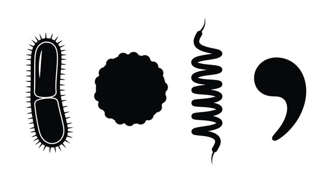 Collection of diverse microorganism silhouettes in black and white