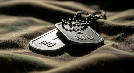 Dog tags on camouflage fabric, highlighting service, memory, and remembrance
