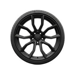 Obraz premium Black alloy car wheel with intricate spoke design isolated on transparent background