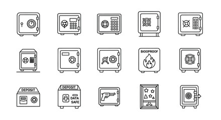 Collection of various safe and vault icons in a clean silhouette style