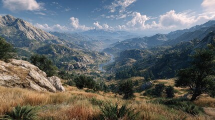 Naklejka premium Majestic mountain landscape with lush valleys and dramatic skies.