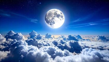Majestic Full Moon Shining Brightly Over a Sea of Clouds at Night.