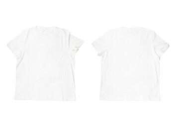 White t-shirt with folds for men and women isolated on white background. Template, mock up for designers