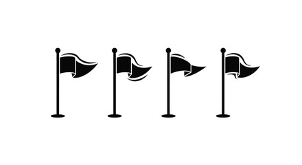 Four waving flags on poles against white background silhouette