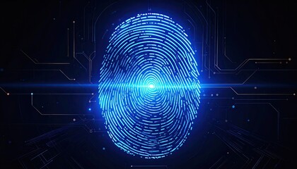 Abstract Fingerprint Scan in Blue with Digital Circuitry and Glowing Light on Dark Background
