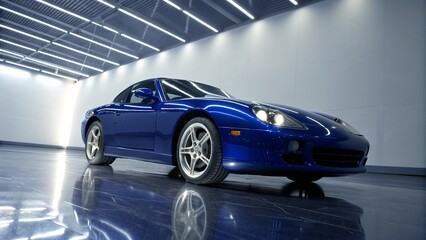 Obraz premium Sleek blue sports car showcased in a modern showroom with reflective flooring, highlighting its design and performance capabilities