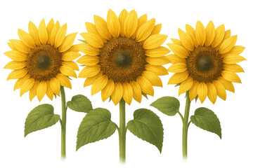 Naklejka premium Three vibrant sunflowers blooming on transparent background, perfect for nature-themed designs