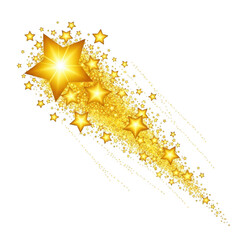 Golden shooting star trail with glittering stars isolated on transparent background
