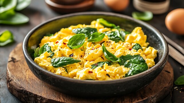 Healthy breakfast scrambled eggs with organic spinach - Powered by Adobe