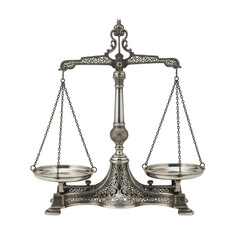 Antique ornate brass balance scale isolated on transparent background