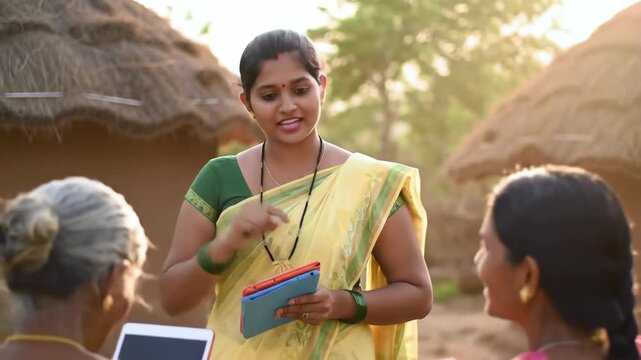 Indian woman showing tablets to two people in rural village, digital technology and education concept.
