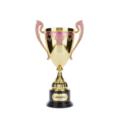 Golden and pink trophy with black base isolated on transparent background
