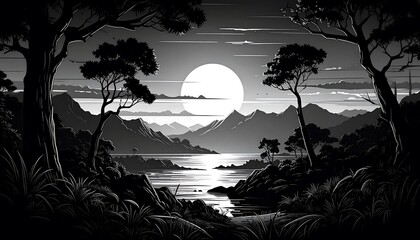 Silhouetted moonlit landscape