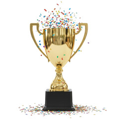 Golden trophy with confetti isolated on transparent background