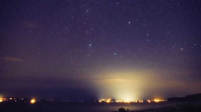Time-lapse of stars and planets over ocean sea waters.