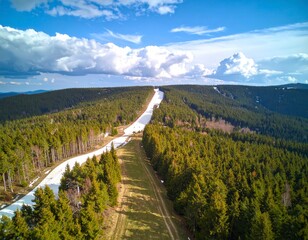 Summer mountain slopes with ski lift and forest view. Generated image