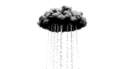 Dramatic dark cloudburst raining down with heavy pouring drops against white background