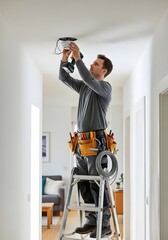 Electrician installing ceiling light fixture in modern home interior for home improvement project and lighting upgrade