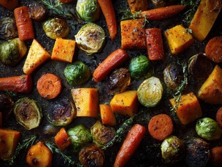 Roasted Carrots, Butternut Squash, and Brussels Sprouts with Herbs on a Baking Sheet