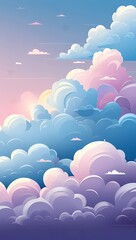 Pastel colored clouds in a sky with pink and blue hues in a cartoon style