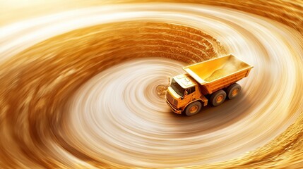Fototapeta premium A yellow dump truck is spinning in a circular motion on golden terrain, creating a dynamic and visually captivating scene.