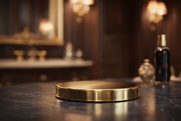 Fototapeta premium Golden Display Platform on Marble Surface, Luxury Setting.