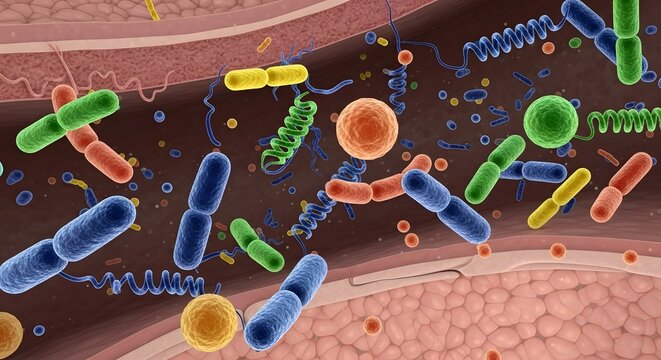 Colorful microbial diversity in human gut bacteria and viruses depiction for educational and scientific use