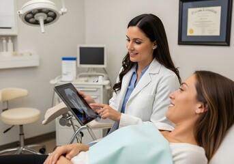 Dentist showing patient digital x-ray on tablet in modern dental clinic setting for oral health and hygiene education