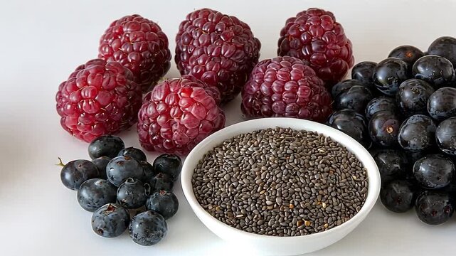 Vibrant assortment of fresh colorful fruits with nutrient rich chia seeds arranged on white surface for healthy recipes wellness blogs diet plans natural food promotion concept