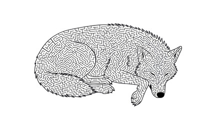 Intricate wolf maze design crafted with labyrinthine pathways on a clean white background