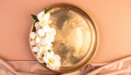 White Flowers on Gold Plate on Beige Fabric