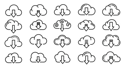 Collection of cloud download icons in a simple silhouette style